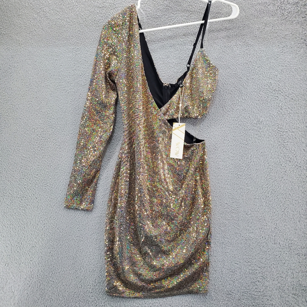 WOW Couture Asymmetric Disco Ball Mini Dress Metallic Sequins Gold Cut Out NWT
